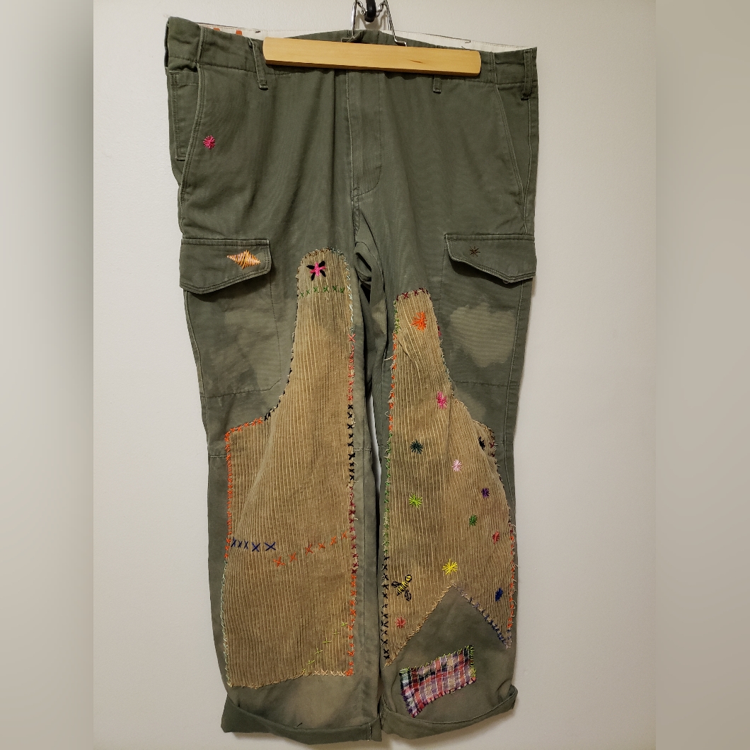 Honey Bee Pant Custom Hand Stitched Distressed With Corduroy Patches